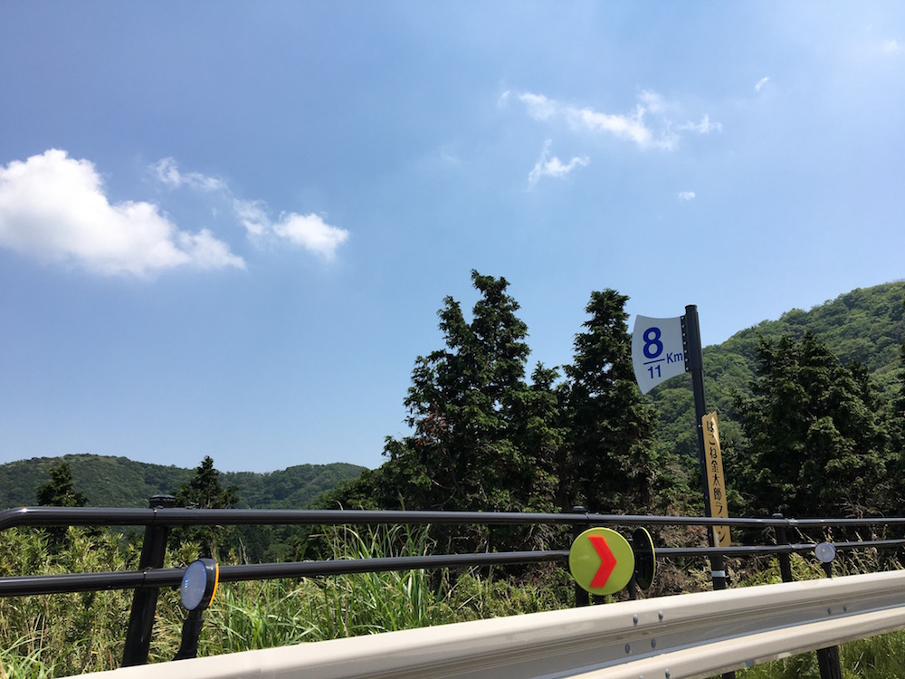 走行距離を等間隔で知らせてくれる表示板。金太郎の斧形をしているのがかわいい