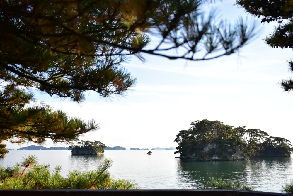 松の木越しに見える島々