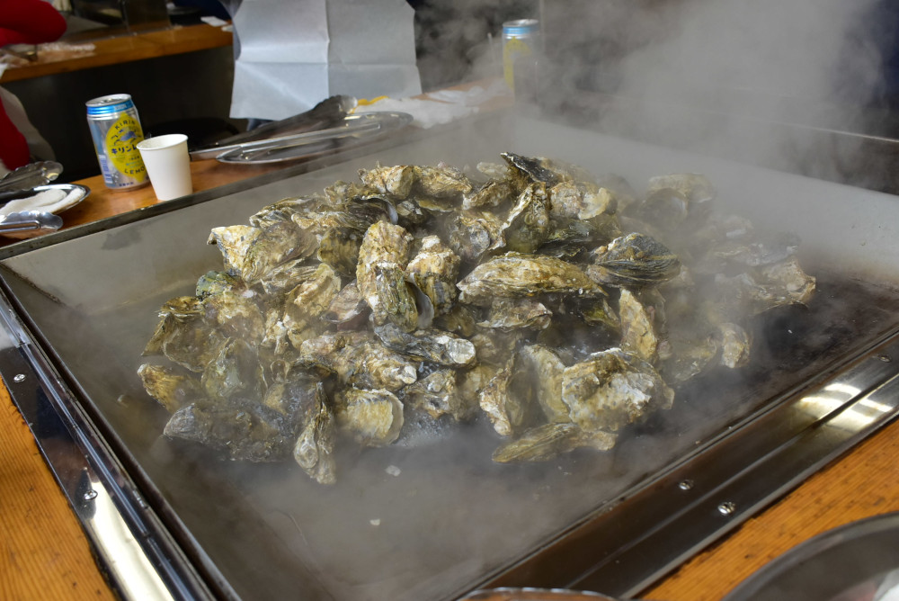 湯気とともに大量の殻付きかきが登場! 「40分殻付きかき焼き食べ放題」大人 2,300円(税込み)