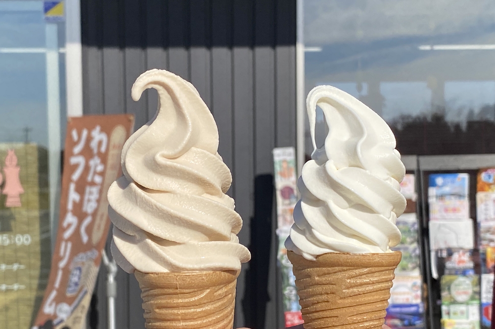 左は「わたぼくコーヒーソフト」、右は「わたぼく牛乳ソフト」。料金はともに350円(税込み)
