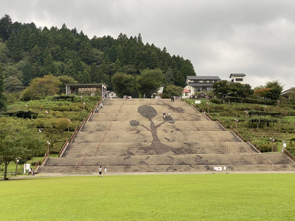 水の郷エリアから公園を見ると広大な広場があり、スロープも設置。大階段には大きなツリーの絵が描かれている