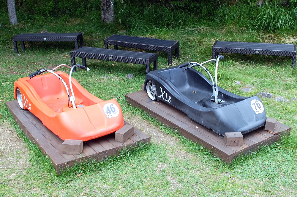 展示されていたG-KART用のマシン。標高1,700mからこのマシンに乗り、専用のコースを滑走できる。次の機会には挑戦したい!