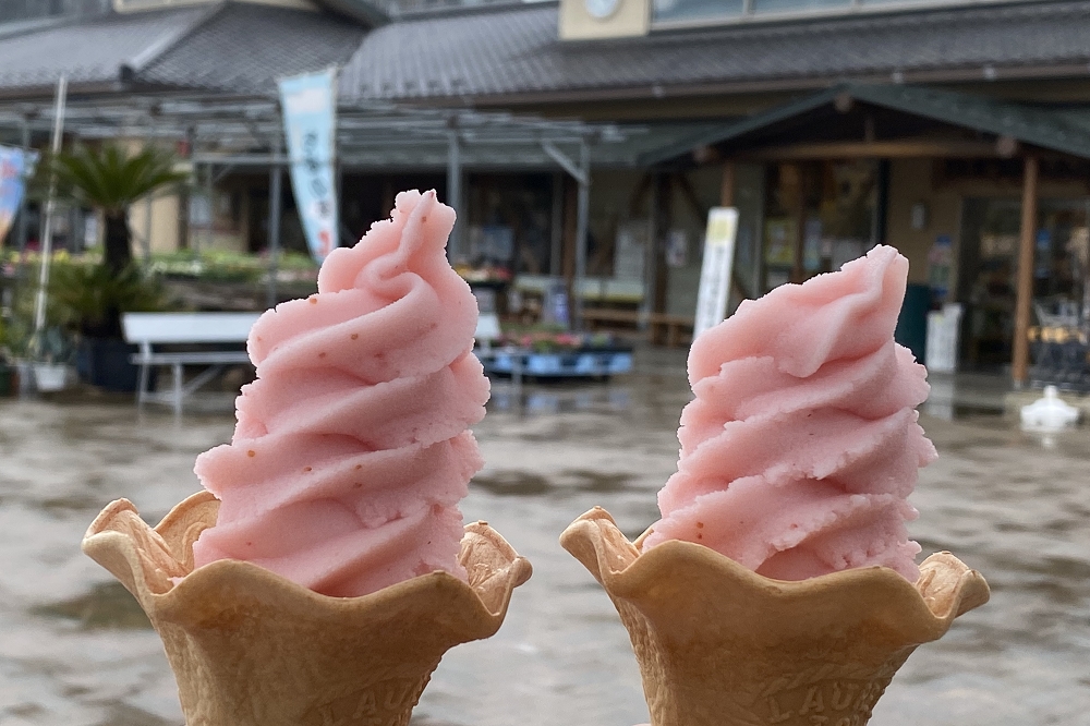 「山武いちごジェラートソフト」は(税込み380円)。カップの場合は(税込み350円)