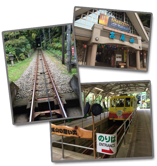 ケーブルカーの駅（右上）、デザインがかわいいモノレール（右下）、激しい傾斜を登っていく（左）