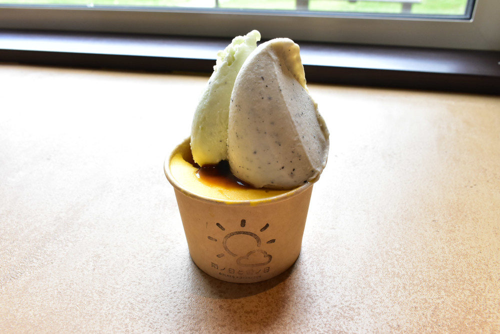「トリプル(夏目総料理長の黒千石大豆・5月限定キウイみるく・かぼちゃ)」600円(税込み)