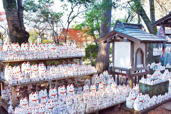 右手をあげたシンプルなデザインの招き猫が並ぶ