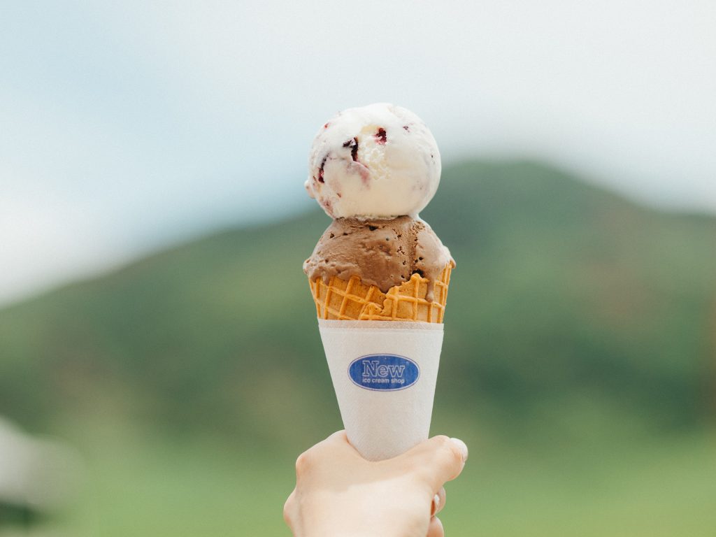 阿蘇で採れた旬の野菜や果物を使っている「New ice cream shop」。「アイスクリーム ダブル」750円(税込み)