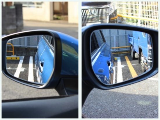 バックするときは、左右のミラーを見て、車体と枠がまっすぐになっているかを確認する