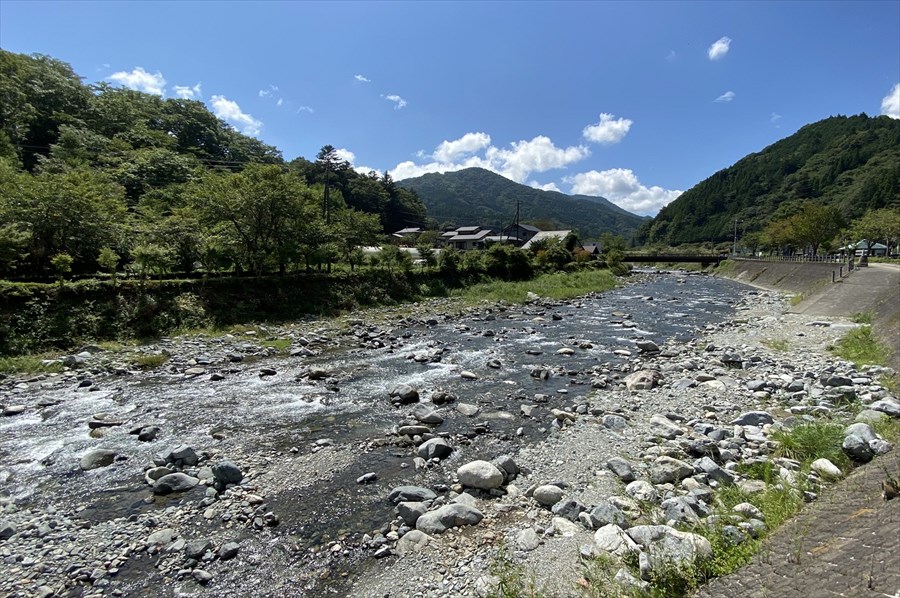  「道の駅どうし」の裏手には道志川が流れ、春には川沿いの桜が満開になる 