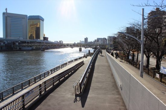 隅田川に沿って広がる隅田公園は、浅草寺とは打って変わってのんびりした雰囲気